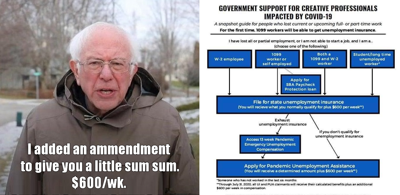 The meme features a photo of Bernie Sanders, a former US Senator, sitting in a chair in the cold, looking unimpressed. The text overlayed on the image reads: "I added an amendment to give you a little sum sum. $600/wk." The meme is a humorous take on the COVID-19 relief bill, specifically the $600 weekly unemployment benefit, and Sanders' deadpan expression is used to poke fun at the idea of a politician's response to a crisis.